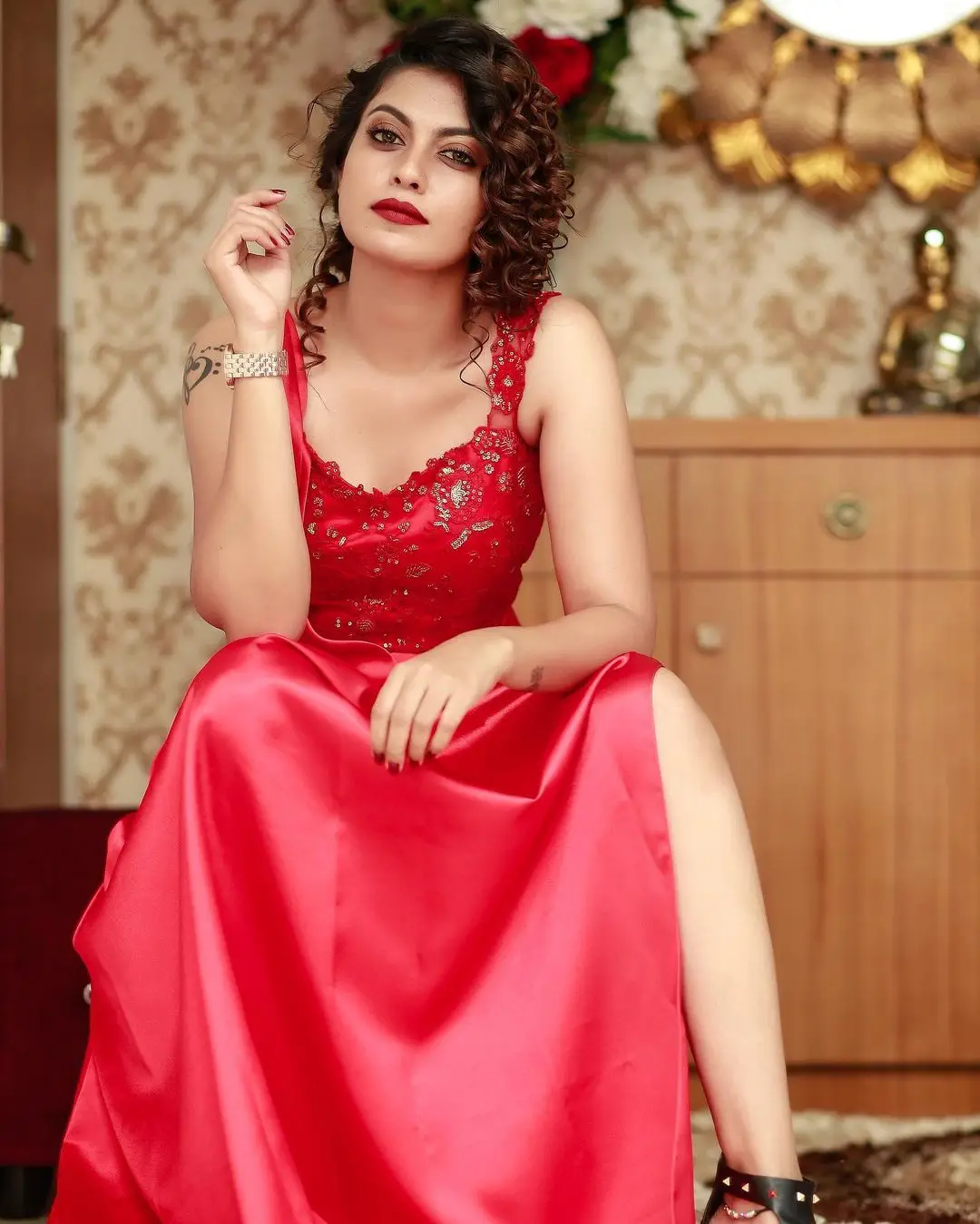 Anusree Nair In South Indian Traditional Red Gown